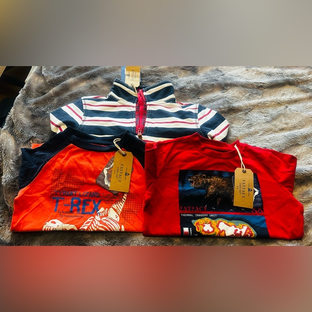 Fat Face Kids T-Rex and Striped Shirt Set - Red, Navy, Gray